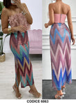 Abito Completo Top Rosa con Volant Gonna Lunga interamente in Paillettes Multicolore Elegante Coordinato Cerimonia - 6063
