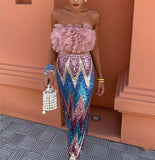 Abito Completo Top Rosa con Volant Gonna Lunga interamente in Paillettes Multicolore Elegante Coordinato Cerimonia - 6063