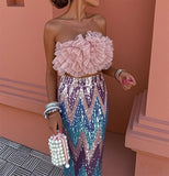 Abito Completo Top Rosa con Volant Gonna Lunga interamente in Paillettes Multicolore Elegante Coordinato Cerimonia - 6063