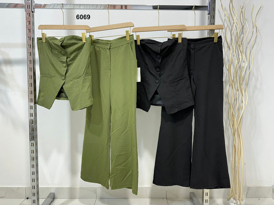 Completo Gilet Smanicato Pantalone Zampa Tailleur Coordinato Elegante Casual in 2 Colori - 6069