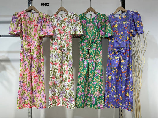 Abito Lungo Elegante Multicolore Stampa Fiori Modello Kimono Manica Sbuffo Spacco Centrale Vestito Casual in 4 Colori - 6092