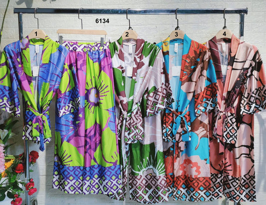 Completo Kimono Maglia con Cintura Pantalone Palazzo Coordinato Stampa Astratta Giappone in 4 Colori - 6134