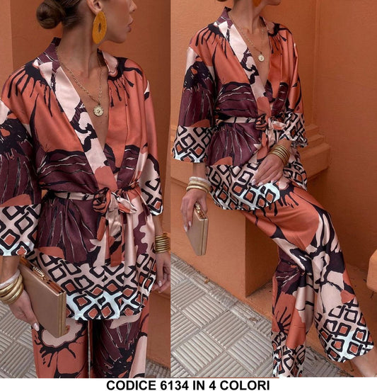 Completo Kimono Maglia con Cintura Pantalone Palazzo Coordinato Stampa Astratta Giappone in 4 Colori - 6134