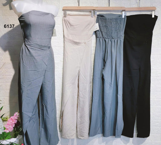 Tuta Casual Intera Smanicata con Velo Sovrapposto Pantalone Zampa Jumpsuit Elegante in 3 Colori - 6137