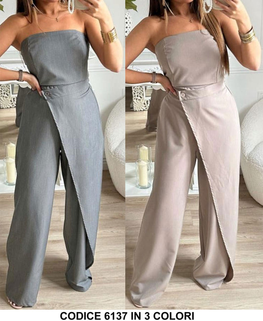 Tuta Casual Intera Smanicata con Velo Sovrapposto Pantalone Zampa Jumpsuit Elegante in 3 Colori - 6137