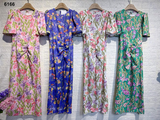 Abito Lungo Stile Kimono Mezza Manica a Sbuffo Stampa Fiori Giappone Vestito Elegante Colorato in 4 Colori - 6166