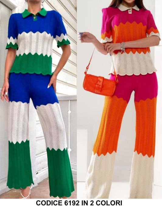 Completo Colorato Casual Magia con Colletto Pantalone Palazzo Fasce Diversi Colori Coordinato in 2 Colori - 6192
