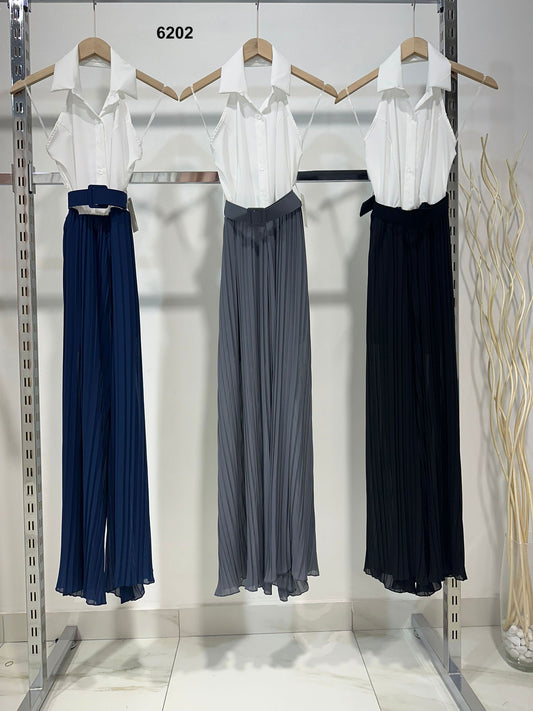 Tuta Intera Elegante Effetto Camicia Bianca Jumpsuit Casual Pantalone Palazzo Plissè in 3 Colori - 6202