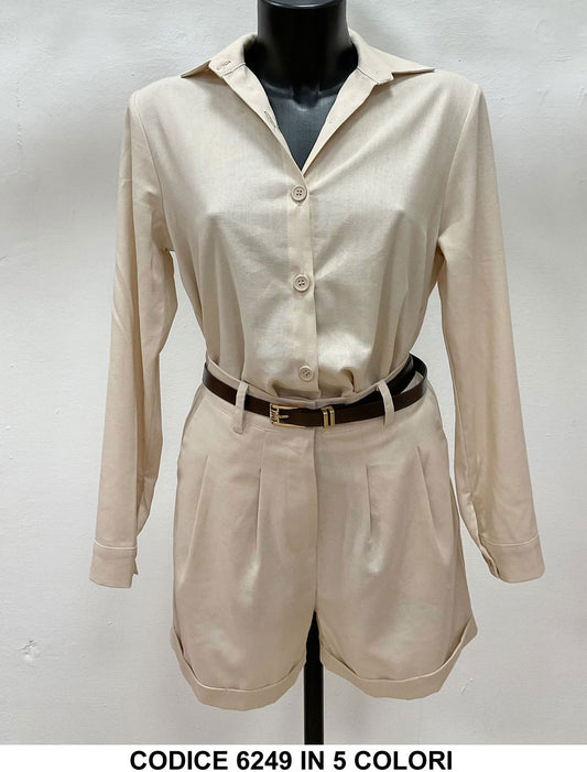 Completo Elegante in Lino Camicia Pantaloncini Shorts con Cintura Coordinato Casual in 5 Colori - 6249