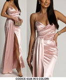 Abito Lungo da Cerimonia con Drappeggio Spacco Laterale Vestito Elegante Effetto Rasato Chic in 4 Colori - 6326