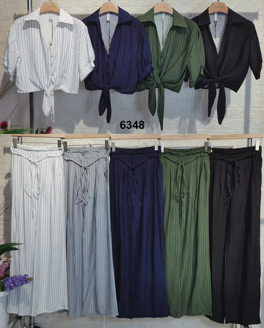Completo Elegante Camicia Manica Corta Pantalone Palazzo Stampa Effetto Gessato Righino Coordinato in 4 Colori - 6348