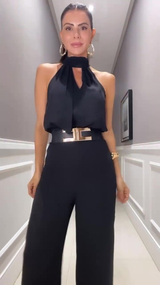 Tuta Elegante Allacciata al Collo Jumpsuit Intera Cerimonia con Cintura Pantalone Palazzo in 3 Colori - 6388
