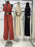 Tuta Elegante Allacciata al Collo Jumpsuit Intera Cerimonia con Cintura Pantalone Palazzo in 3 Colori - 6388