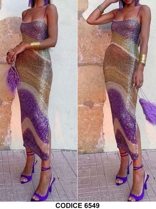 Abito Lungo Elegante da Cerimonia Party Eventi Interamente in Paillettes Multicolore Vestito Aderente - 6549