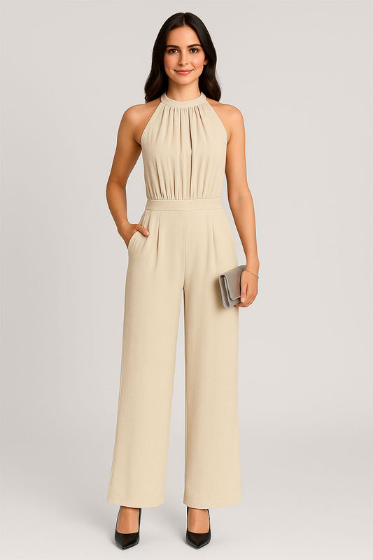 Tuta Elegante Party Cerimonia Scollo Americana Pantalone Palazzo Jumpsuit Casual in Beige - 6574Out