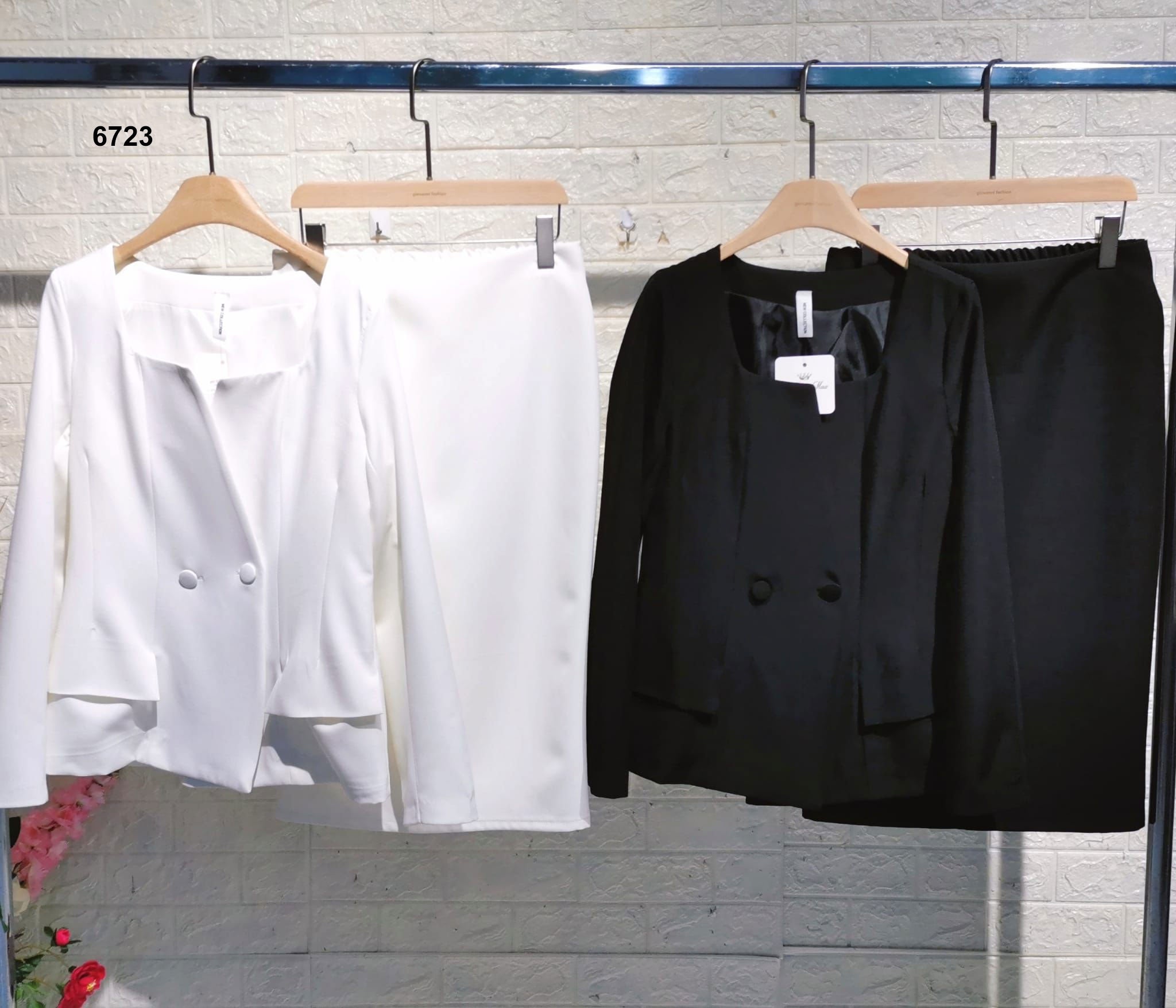 Completo Giacca Manica Lunga Gonna Aderente Coordinato Tailleur Elegante Lavoro Cerimonia in Nero - 6723Out