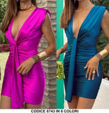 Abito Corto Elegante Effetto Rasato Smanicato Vestito Sensuale Fascia Lunga in Vita in 6 Colori - 6743