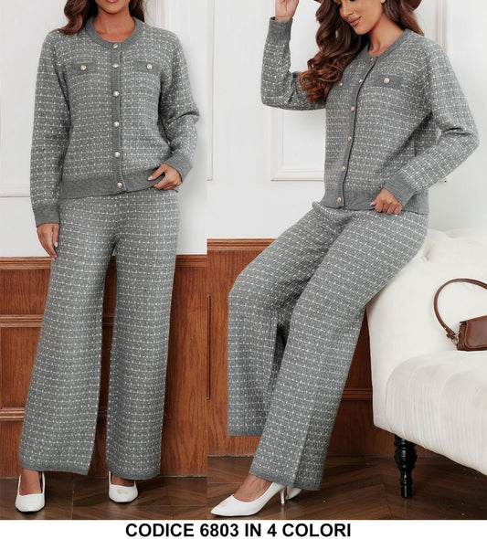 Completo Elegante Bottoni Gioiello Trama Puntinata Maglia Manica Lunga Pantalone Palazzo in Nero - 6803Out
