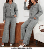 Completo Elegante Bottoni Gioiello Trama Puntinata Maglia Manica Lunga Pantalone Palazzo in Nero - 6803Out