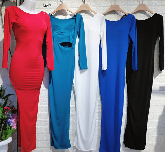 Abito Lungo Elegante Cerimonia Manica Lunga Schiena Scoperta Spacco Profondo Vestito Sensuale in 3 Colori - 6817Out