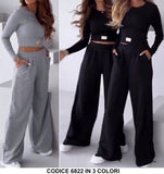 Completo Casual Maglia Corta Manica Lunga Pantalone Palazzo Tuta Sportiva Coordinato in 3 Colori - 6822
