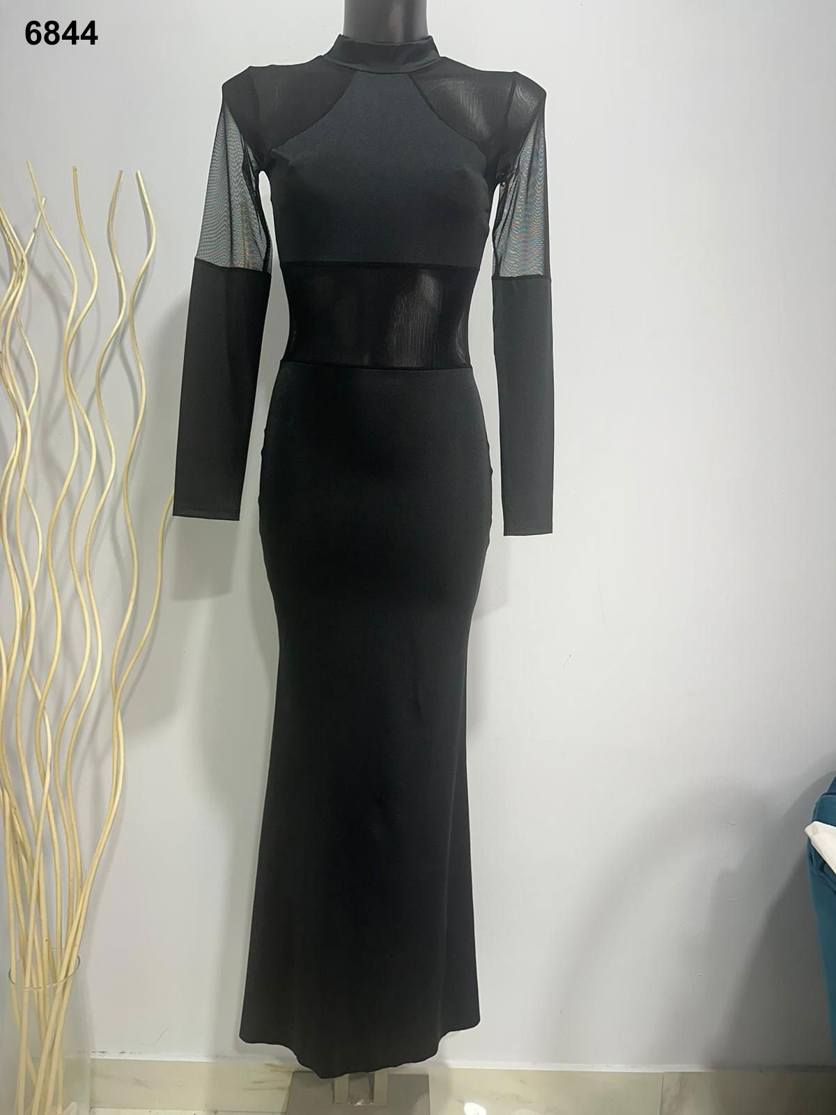 Abito Lungo Elegante da Cerimonia Nero Semitrasparente Vestito Sensuale Cocktail - 6844