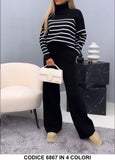 Completo Casual Maglia con Colletto Righe Orizzontali Pantalone Palazzo Morbido Coordinato Tuta in Blu Notte - 6867Out