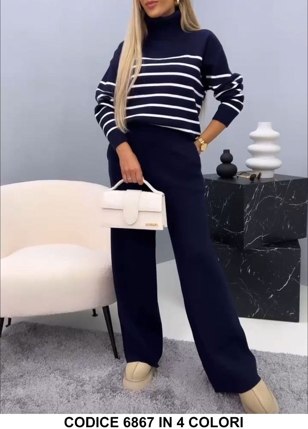 Completo Casual Maglia con Colletto Righe Orizzontali Pantalone Palazzo Morbido Coordinato Tuta in Blu Notte - 6867Out