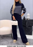 Completo Casual Maglia con Colletto Righe Orizzontali Pantalone Palazzo Morbido Coordinato Tuta in Blu Notte - 6867Out