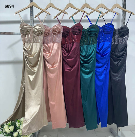 Abito Lungo Elegante Cerimonia Effetto Rasato Corpetto Paillettes Vestito Cocktail con Spacco in 6 Colori - 6894