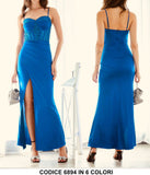 Abito Lungo Elegante Cerimonia Effetto Rasato Corpetto Paillettes Vestito Cocktail con Spacco in 6 Colori - 6894