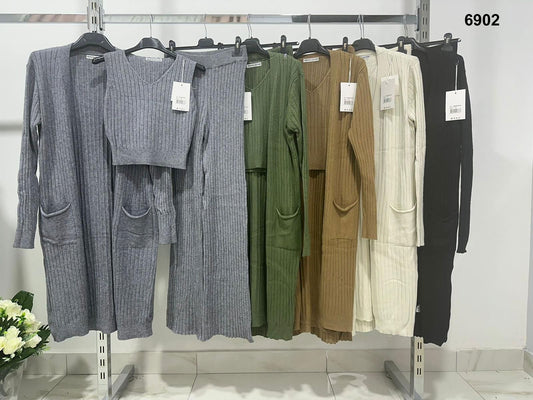 Completo Maglia Cardigan Lunga Top Pantalone Tessuto Morbido Rigato Coordinato Casual in 5 Colori - 6902