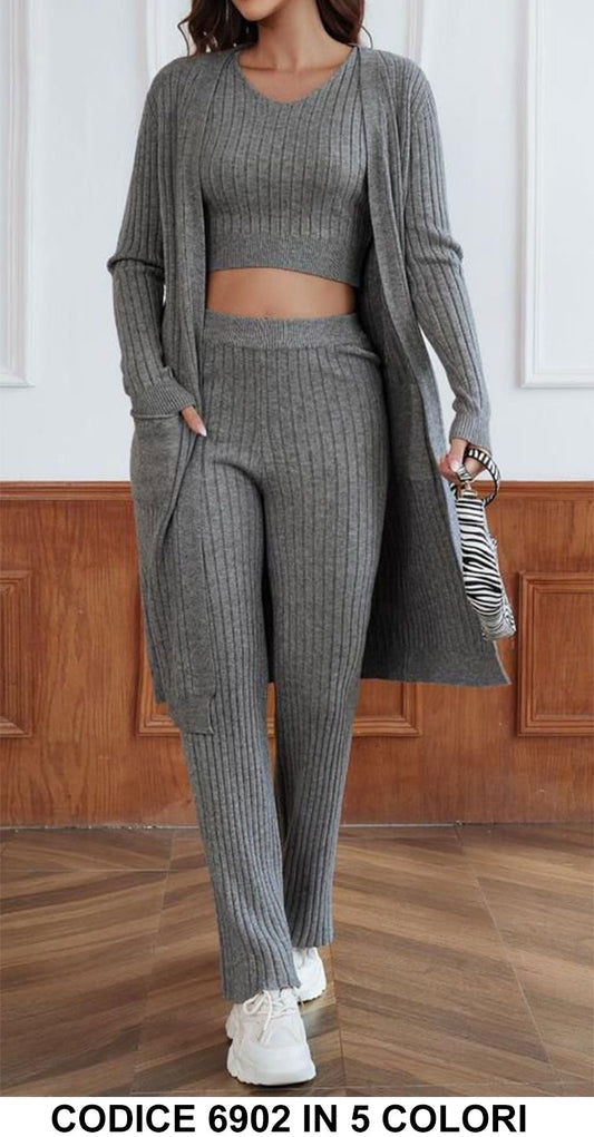 Completo Maglia Cardigan Lunga Top Pantalone Tessuto Morbido Rigato Coordinato Casual in 5 Colori - 6902