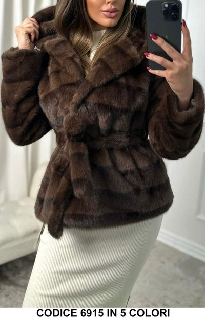 Cappotto con Cintura Alta Qualità Stampa Tigrata Giubbotto in eco Pelliccia Pellicciotto in 3 Colori - 6915