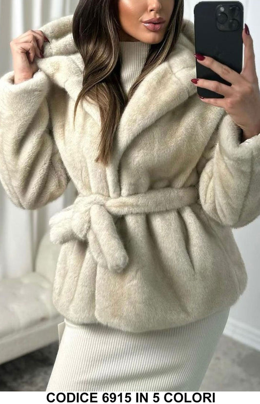 Cappotto con Cintura Alta Qualità Stampa Tigrata Giubbotto in eco Pelliccia Pellicciotto in 5 Colori - 6915