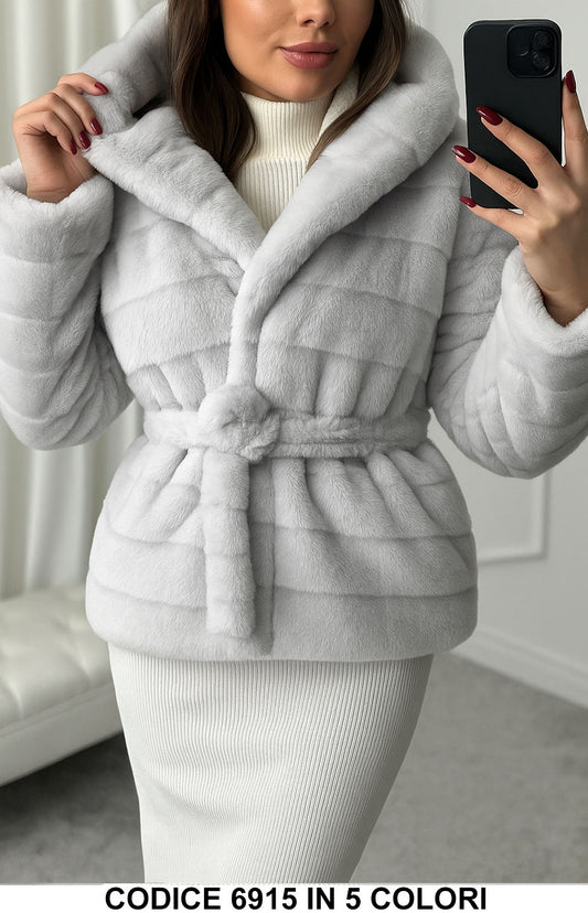 Cappotto con Cintura Alta Qualità Stampa Tigrata Giubbotto in eco Pelliccia Pellicciotto in 5 Colori - 6915