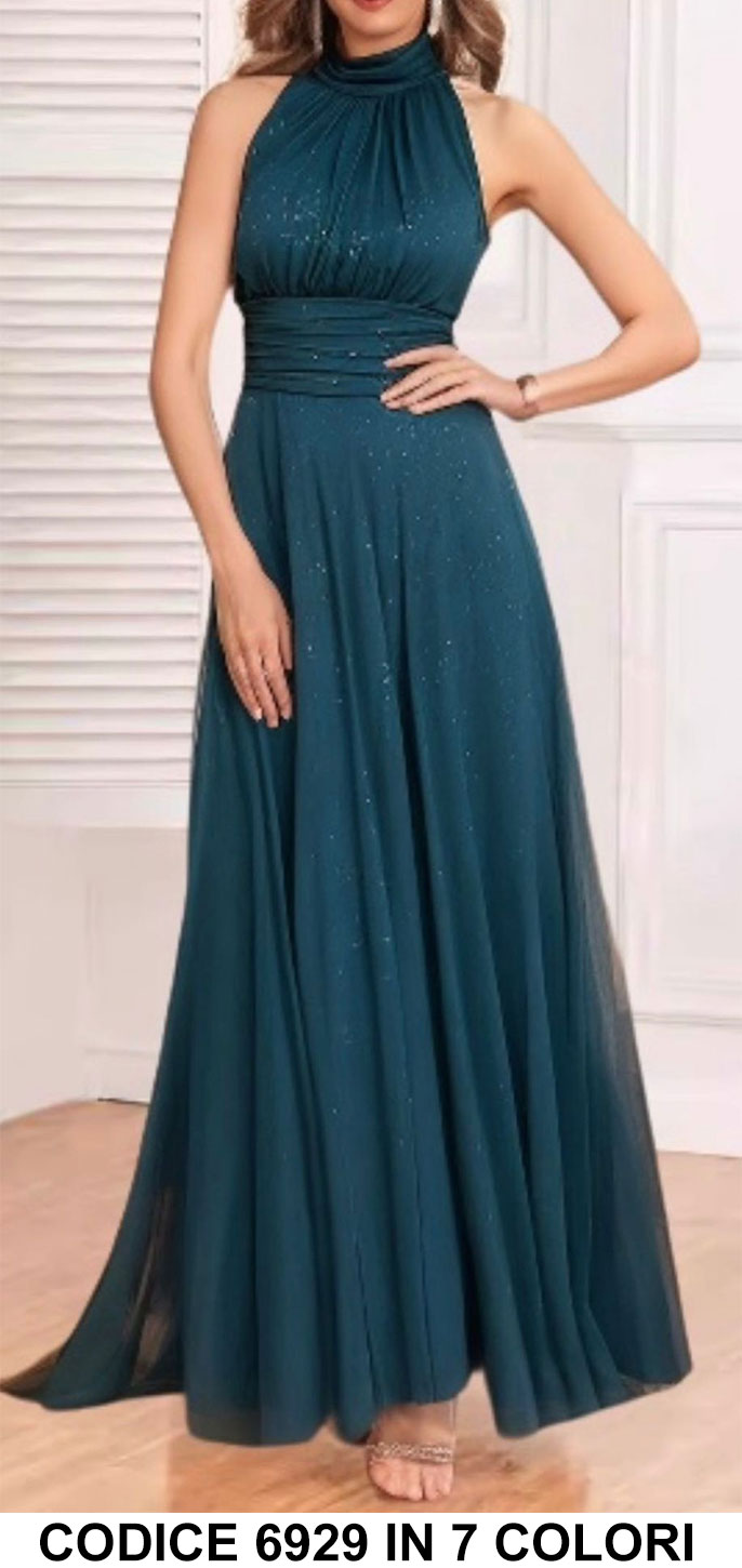 Abito Lungo Elegante da Cerimonia Brillantinato Scollo all'Americana VestitoEventi in 11 Colori - 6929