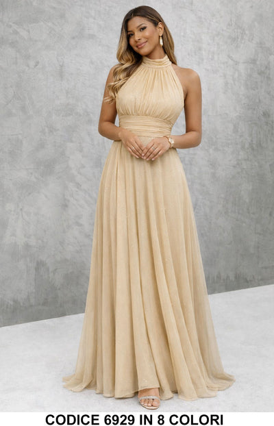 Abito Lungo Elegante da Cerimonia Brillantinato Scollo all'Americana Vestito Eventi in 13 Colori - 6929