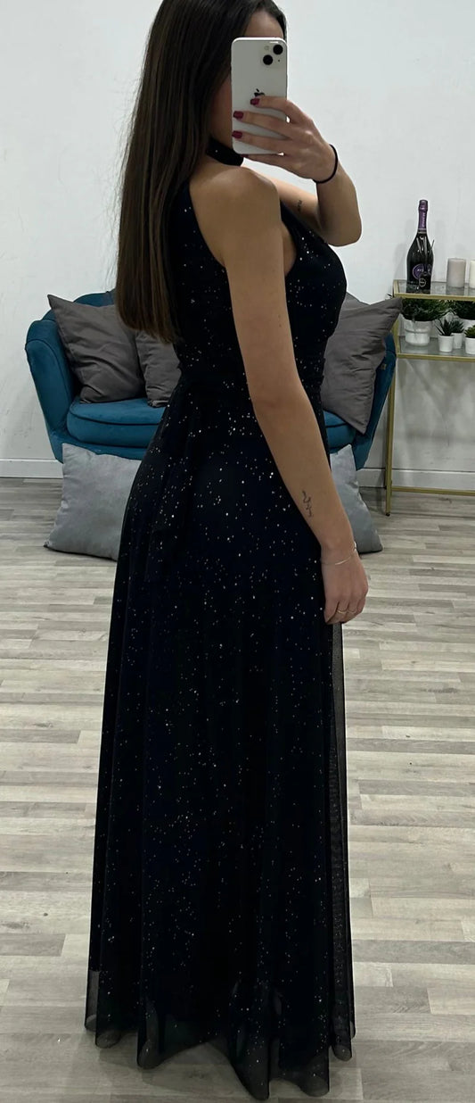 Abito Lungo Elegante da Cerimonia Brillantinato Scollo all'Americana Vestito Eventi in Nero - 6929Out