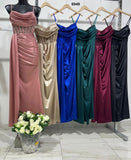 Abito Lungo Elegante Cerimonia Corpetto Brillantini Semitrasparente Vestito Rouche in 6 Colori - 6949