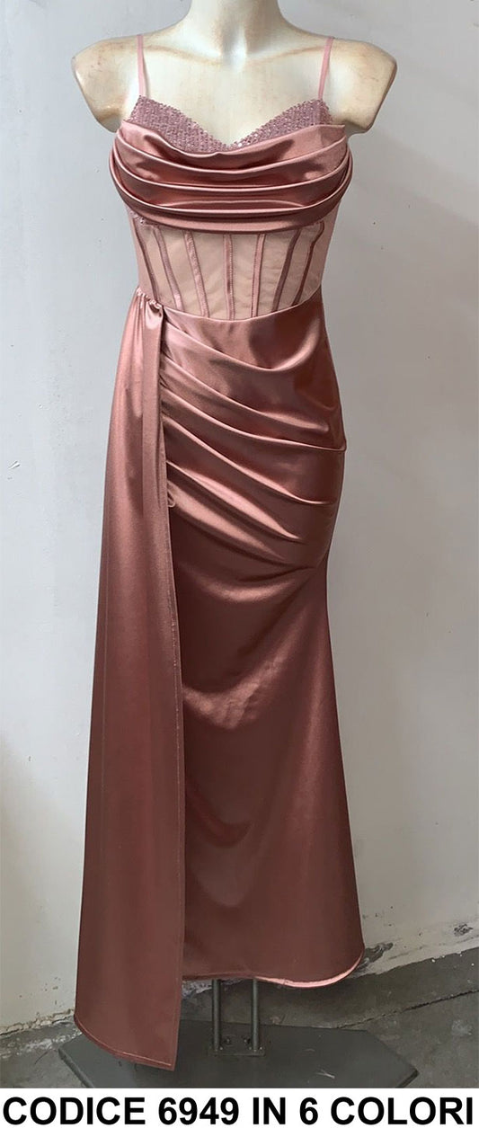 Abito Lungo Elegante Cerimonia Corpetto Brillantini Semitrasparente Vestito Rouche in 6 Colori - 6949