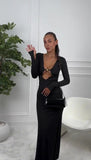 Abito Lungo Nero Elegante Cut Out Scollatura Profonda Sensuale Vestito Cocktail Aderente - 6989Out