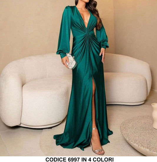 Abito Lungo Elegante da Cerimonia Manica Lunga Spacco Centrale Nodo in Vita Vestito in 5 Colori - 6997