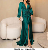 Abito Lungo Elegante da Cerimonia Manica Lunga Spacco Centrale Nodo in Vita Vestito in 5 Colori - 6997