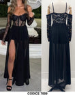 Abito Lungo Nero Elegante da Cerimonia Maniche Pizzo Merletto Spacco Laterale Sottogonna - 7009