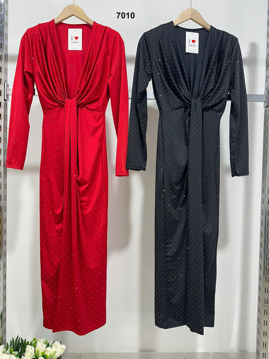 Abito Lungo Elegante Cerimonia Brillantini Nodo in Vita Vestito Cocktail Rouche in Rosso o Nero - 7010