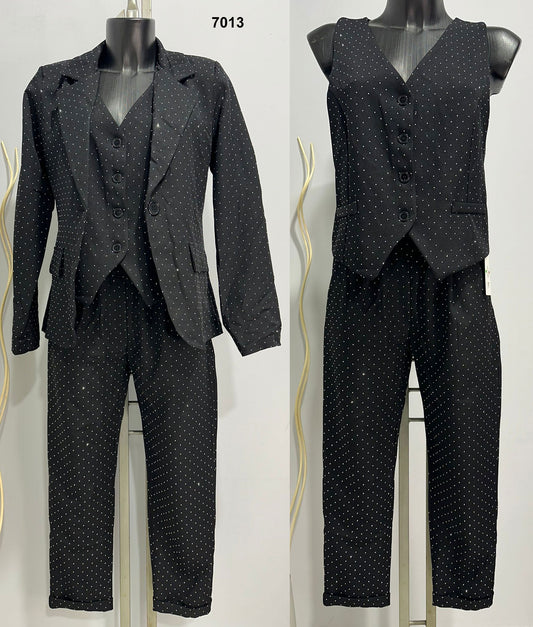 Tailleur Nero 3 pezzi Giacca Gilet Pantalone Capri Strass Rilievo Abito Completo Coordinato Elegante - 7013