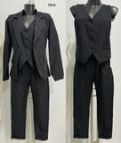 Tailleur Nero 3 pezzi Giacca Gilet Pantalone Capri Strass Rilievo Abito Completo Coordinato Elegante - 7013