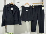 Tailleur Nero 3 pezzi Giacca Gilet Pantalone Capri Strass Rilievo Abito Completo Coordinato Elegante - 7013