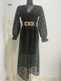Abito Lungo Nero Elegante Cerimonia Pizzo merletto Manica Campana Vestito Coktail Scollo V - 7014
